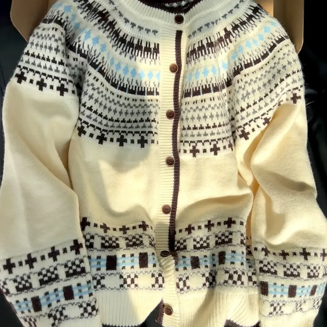 复古费尔岛风格羊毛针织开衫秋冬保暖宽松加厚外套