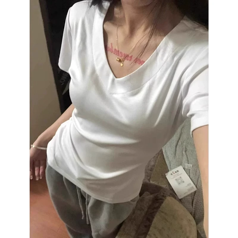 美式辣妹正肩白色v领短袖t恤女夏季松弛感别致掐腰显瘦洋气质上衣