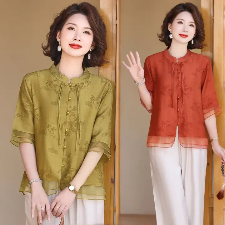 2025夏季新款新中式国风中老年妈妈装上衣时尚洋气女宽松显瘦小衫