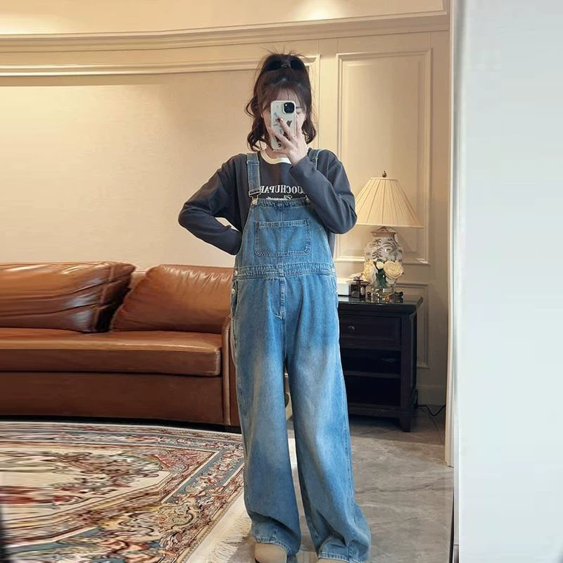 诺初孕妇装春装2025新款时尚套装韩版宽松牛仔背带裤阔腿裤长裤子