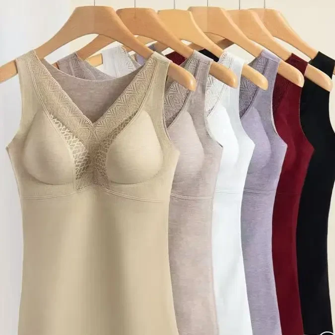 女士秋冬季带胸垫加厚加绒保暖内搭蚕丝蕾丝打底背心