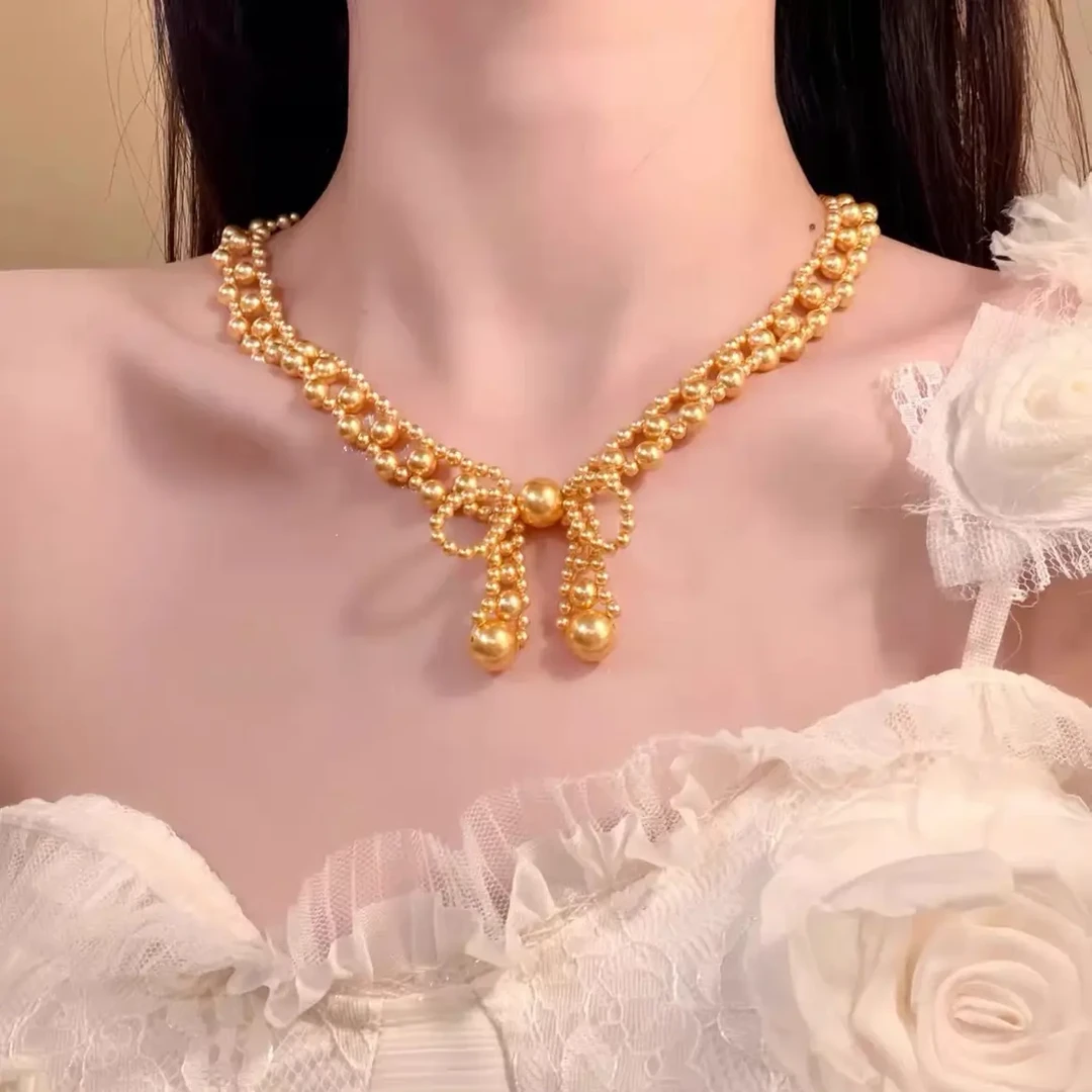 铜合金仿珍珠项链 法式复古镂空蝴蝶结choker珍珠项链锁骨链