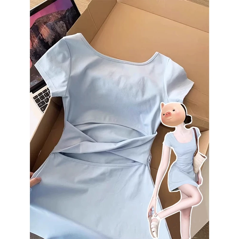 蓝色海边连衣裙女绝美小裙2025新款修身温柔风度假连衣裙收腰短裙