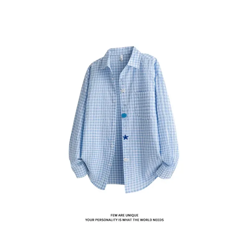 cleanfit蓝色潮牌趣味纽扣翻领衬衫男秋季休闲宽松百搭情侣装衬衣