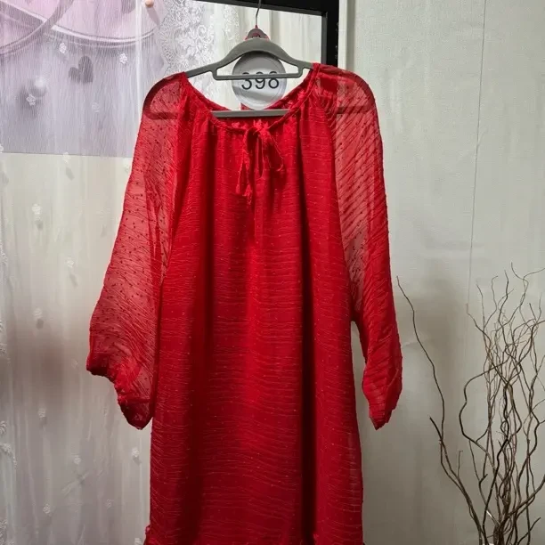 12#褶皱工艺红色提花点点圆领复古气质时尚拼接连衣裙