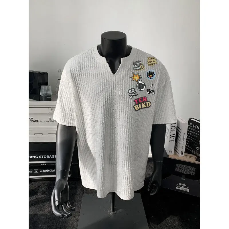 美式肌理感V领短袖T恤男夏季印花设计感重磅上衣cleanfit潮牌半袖