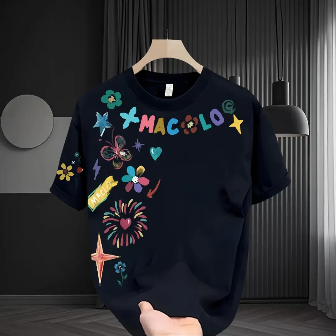 夏季时尚印花2025新款男士T恤短袖休闲百搭半袖宽松潮流纯棉