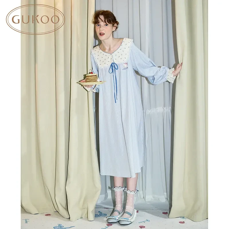 Gukoo/果壳春夏睡衣女HelloKitty联名蓝色小碎花睡裙甜美家居服