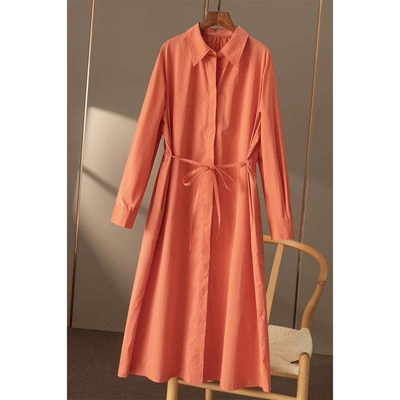 春天家 不用力的篙阶感 法G爱马橙收腰连裁长袖衬衫连衣裙9J29