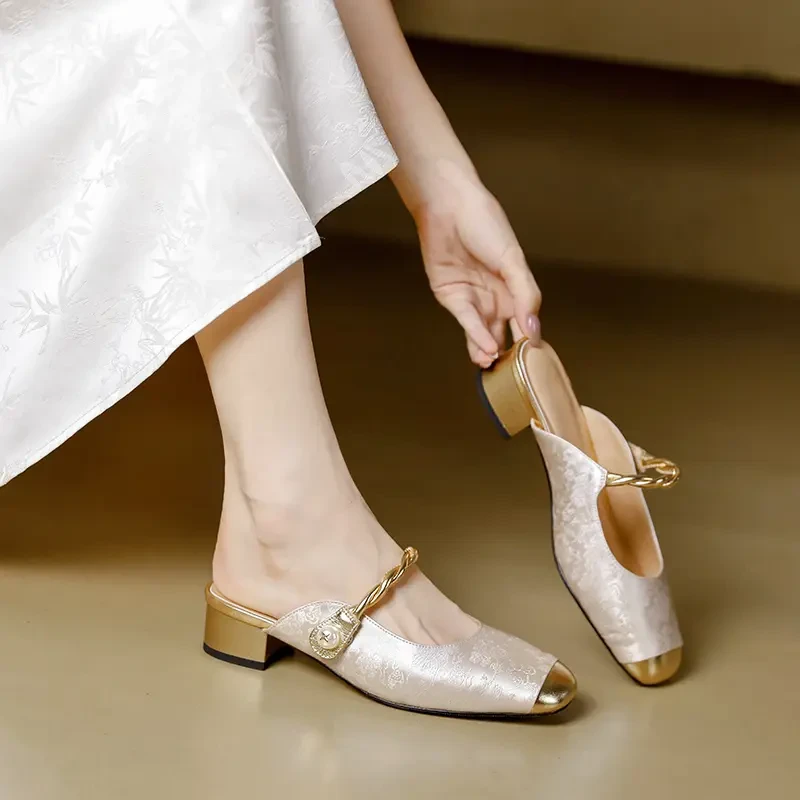 新中式包头拖夏季外穿一字带浅口国风穆勒鞋中跟圆头复古女凉拖鞋