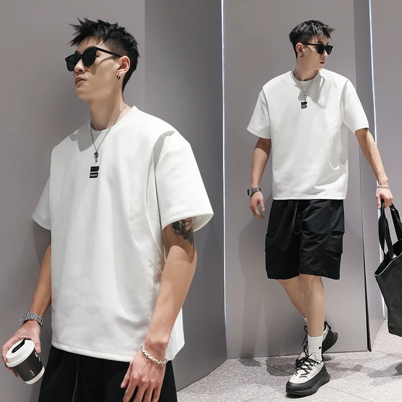 有术压褶圆领重磅短袖T男夏季2025新款设计感潮流休闲通勤穿搭t恤