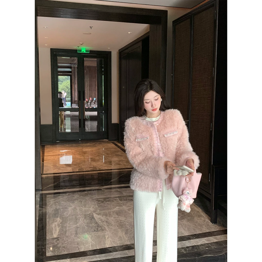 NMIOK QC 清仓专场 粉色长袖短款休闲圆领毛毛外套NMM7Q258
