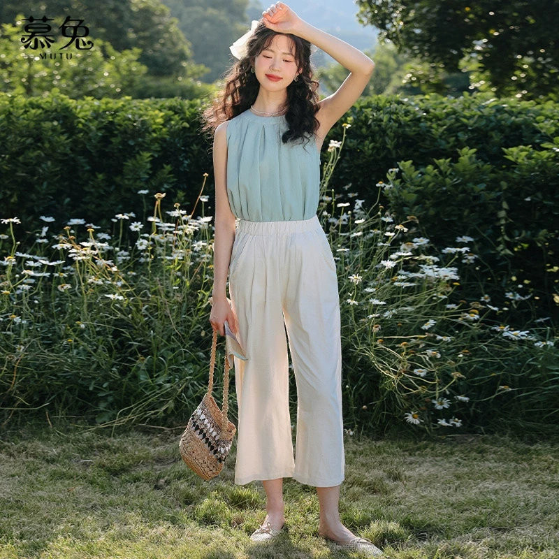 慕兔挂脖露肩无袖衬衫上衣女2024夏季新款高腰阔腿休闲裤两件套装