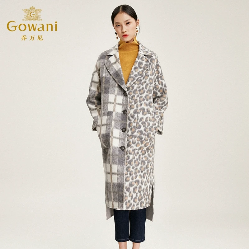 乔万尼商场冬款大衣中长款毛呢大衣连帽时尚格豹纹大衣EN4A789005