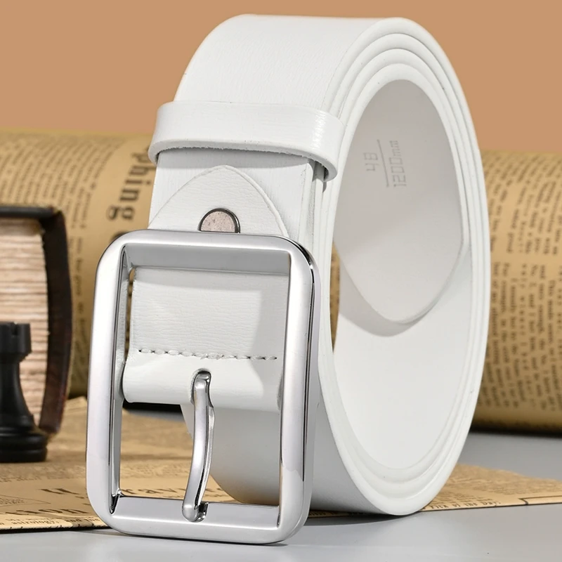 金六狐皮带男针扣白色真皮男潮年轻人休闲百搭配牛仔裤腰带男女款