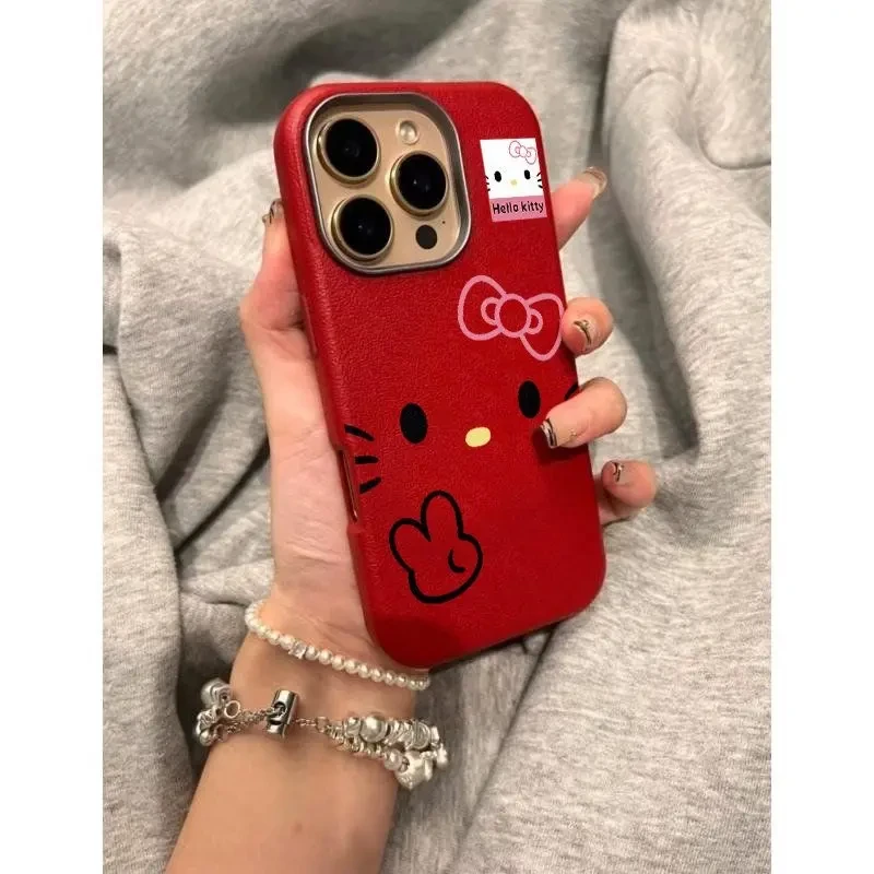 大脸比耶KT猫适用iPhone16皮纹15pro金属框手机壳14/13卡通12/11