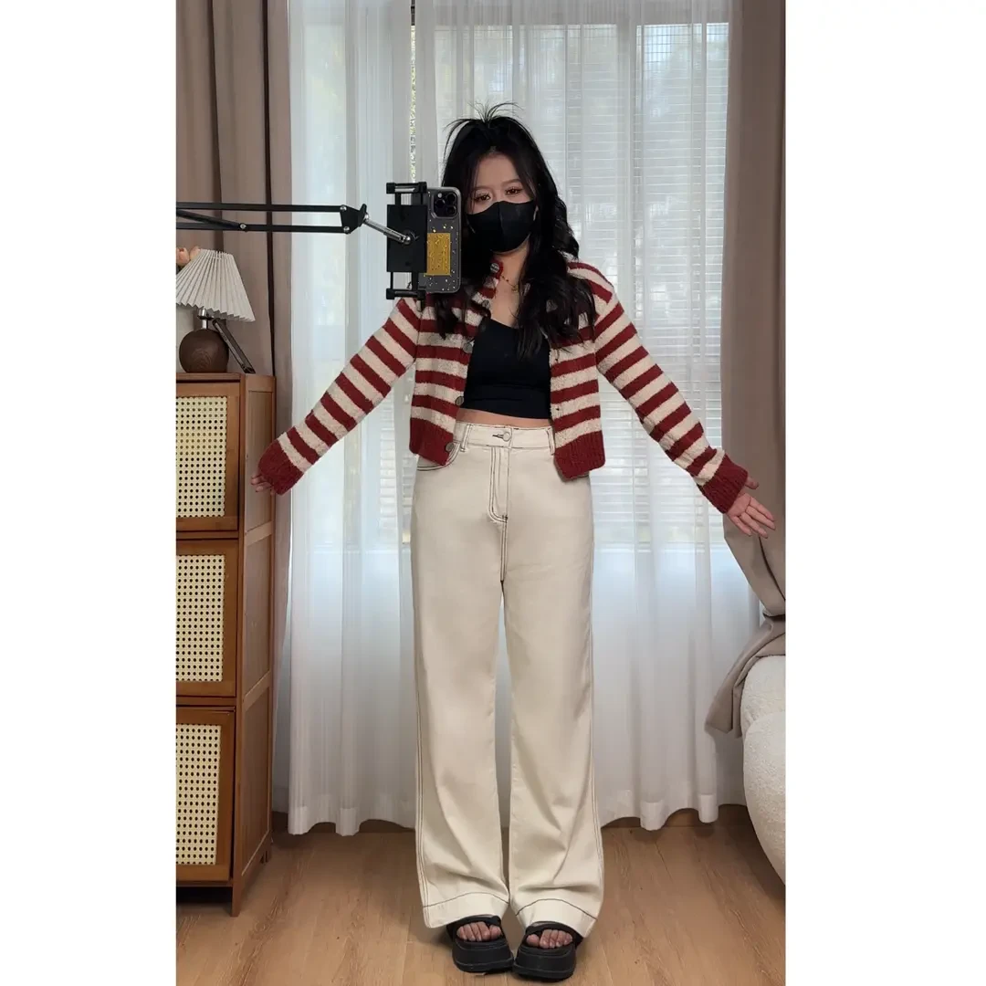 窄版直筒阔腿牛仔裤女2025春夏新款杏色高腰显瘦小个子微胖九分裤
