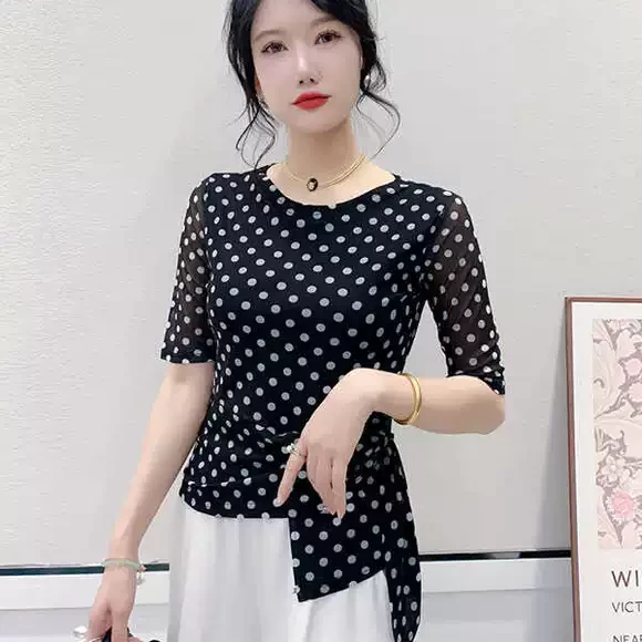 波点中袖网纱T恤上衣女时尚新款百搭修身显瘦印花洋气圆领小衫潮