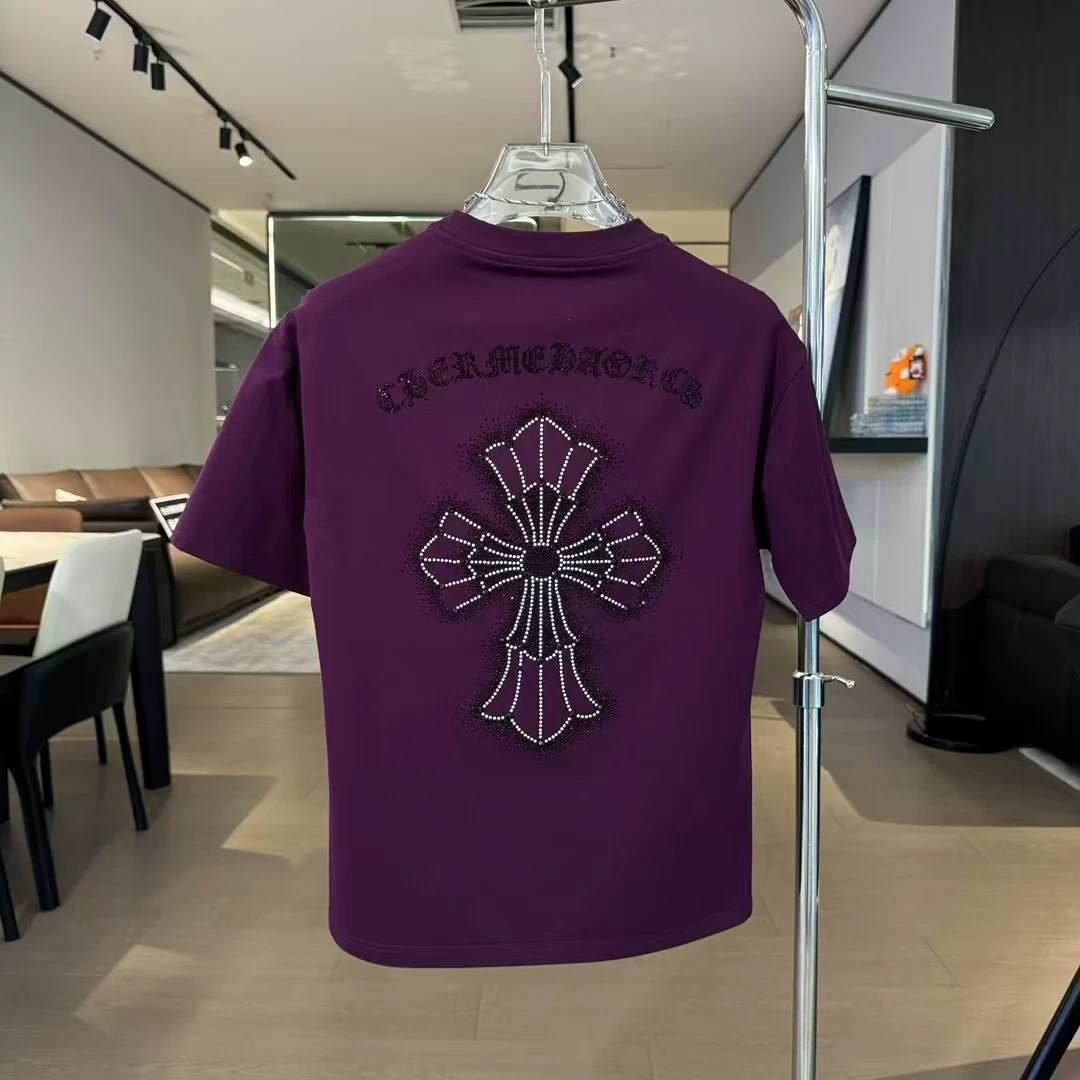 2025新款男士短袖潮牌个性十字架重工烫钻轻奢高级百搭圆领T恤男