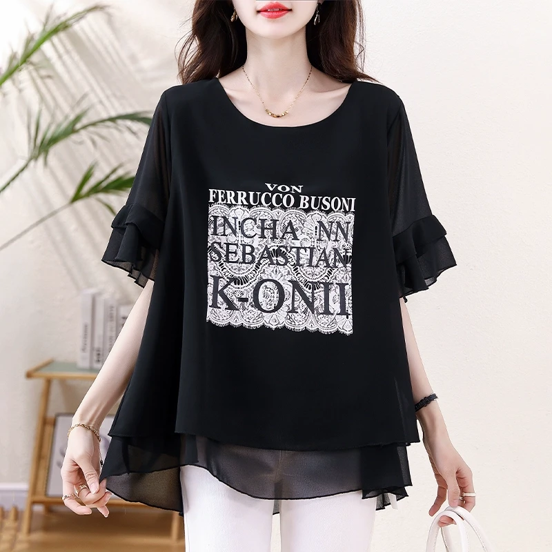 黑色短袖雪纺衫女士2025夏季新款时尚减龄宽松中长款印花小衫上衣