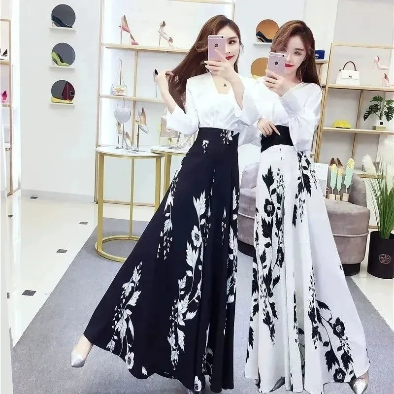 夏天印花阔腿裤2025夏装新款时尚垂坠感裤子女洋气宽松显瘦裙裤