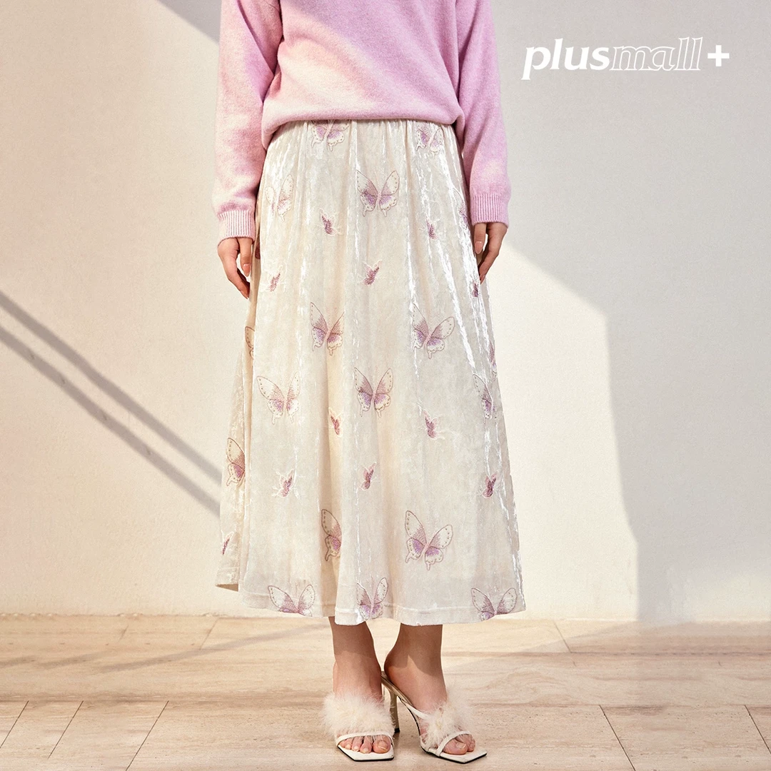 PLUSMALL 小岛梦蝶 丝绒蝴蝶绣花温柔梦幻感宽松半裙PAC2412014