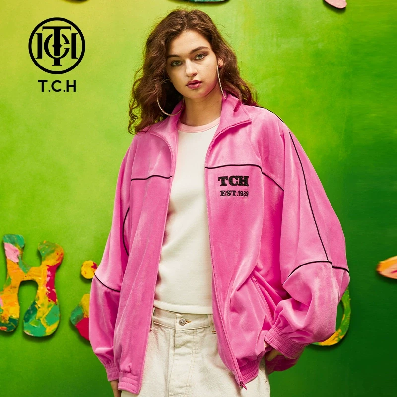 奥莱-TCH潮牌时尚宽松百搭开衫情侣立领丝绒粉色外套T69D276015