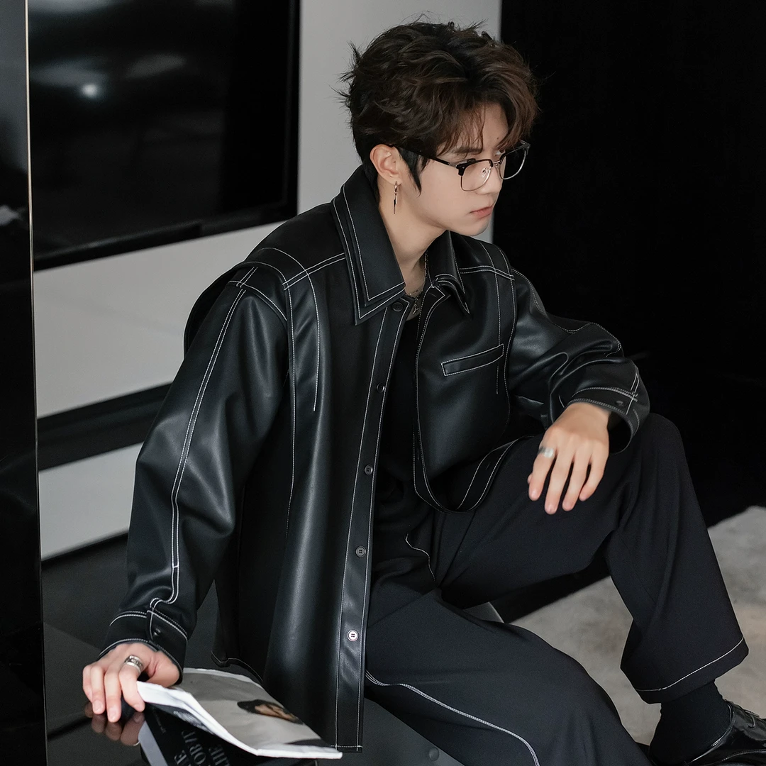 CHICERRO西西里男装春季明线设计感痞帅皮衣男士翻领休闲夹克外套