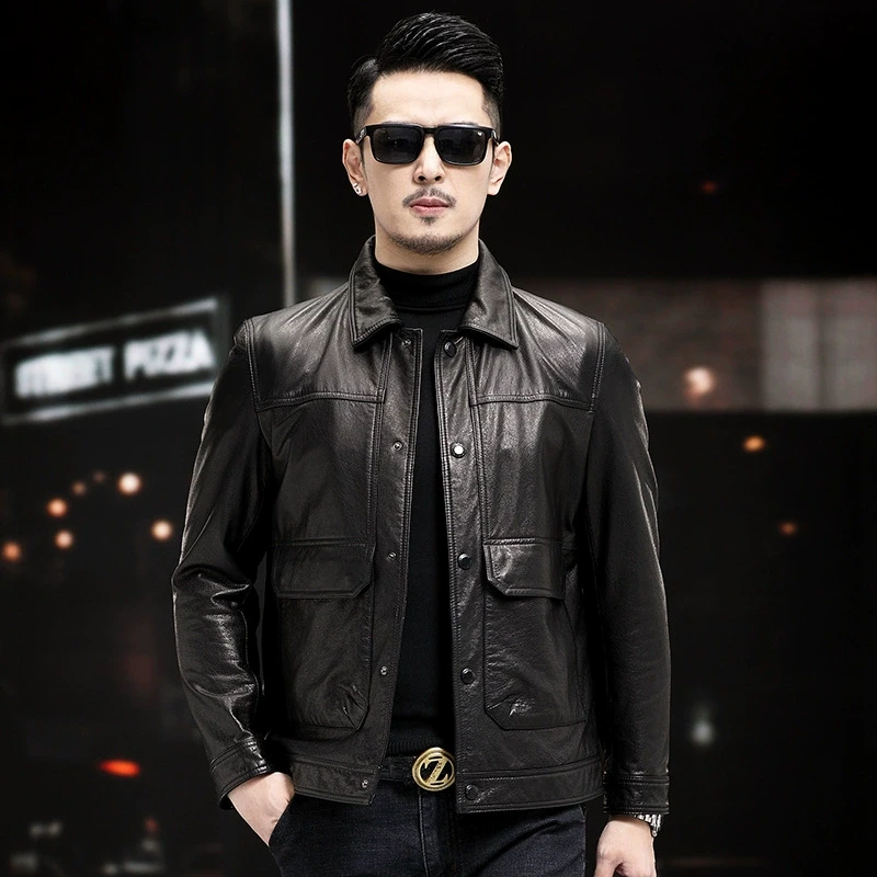 信豹928-1男士牛皮皮衣秋冬真皮翻领春秋休闲百搭黑色皮夹克