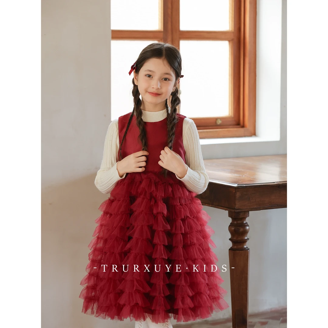 初煦女童生日裙重工红色网纱蛋糕连衣裙公主礼服裙周岁礼服拜年服