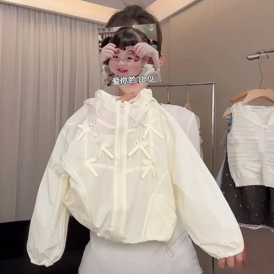 女童防晒衣夏季2025新款儿童洋气蝴蝶结连帽外套小女孩休闲上衣潮