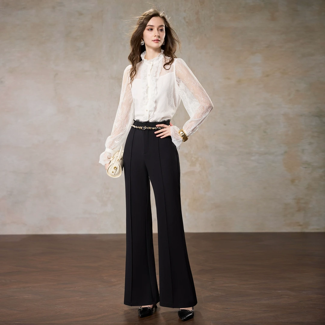 【粉丝专属】AUI黑高腰显瘦微喇裤职业气质修身休闲长裤-25W079333