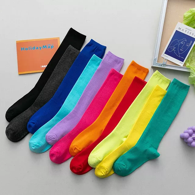 小腿袜女半筒显瘦薄款潮ins棉夏季彩色糖果色外穿中筒长筒袜