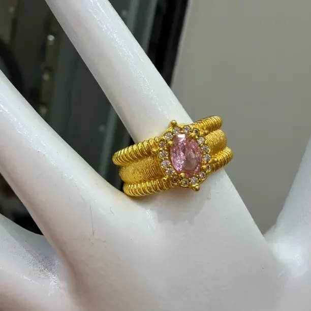 铜合金戒指 铜合金 铜合金拉丝镶粉石复古轻奢小众高级感指环女