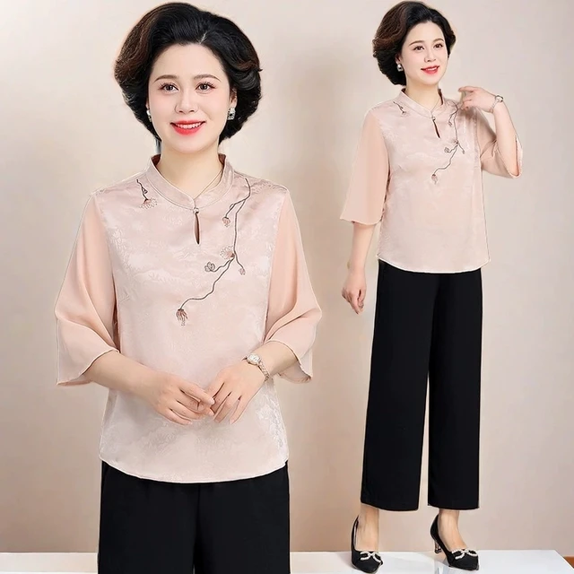 妈妈夏装五分袖上衣洋气高贵新国风两件套中老年女刺绣运动服套装