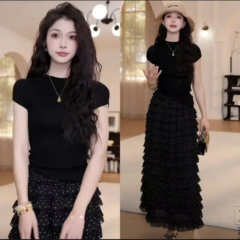 【浅浅专属】夏季穿搭一整套女百搭针织上衣设计感显瘦半身裙两件套