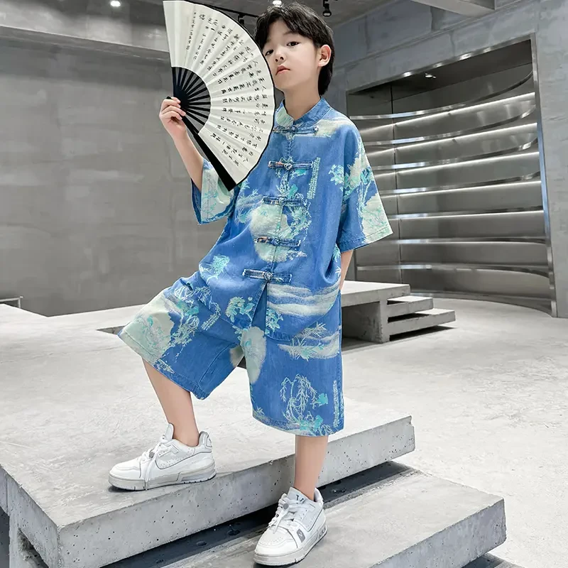 男童夏装汉服套装儿童中国风唐装男孩夏季古装表演服洋气夏款短袖