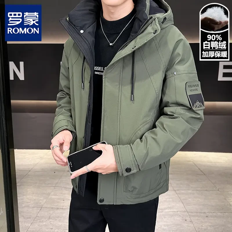 Romon/罗蒙男士冬季羽绒服加厚宽松连帽90白鸭绒保暖户外工装外套