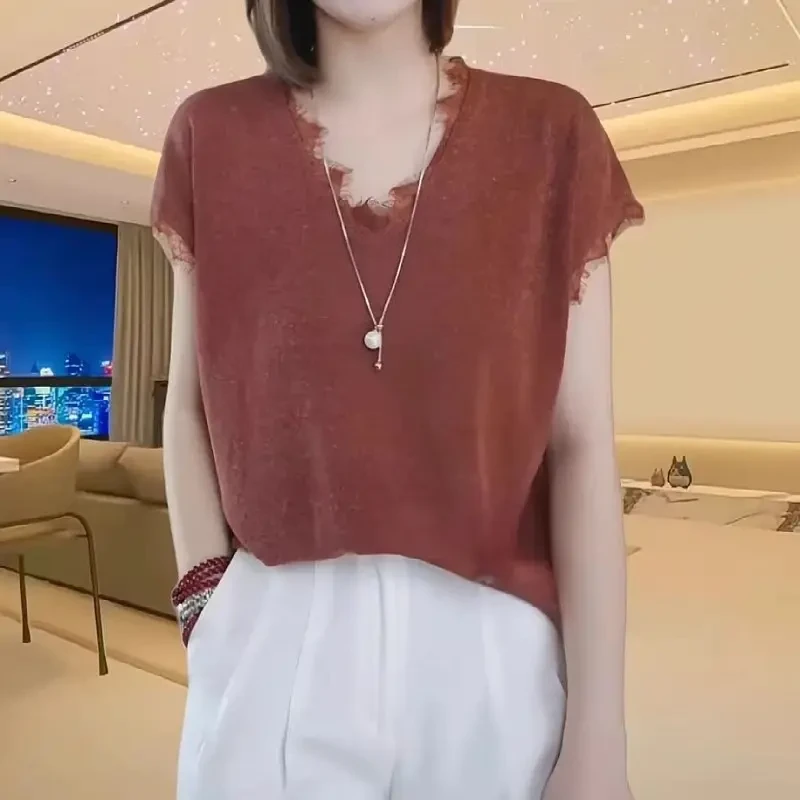 大码V领花边蕾丝拼接针织衫夏季新款胖MM显瘦宽松百搭上衣-7325