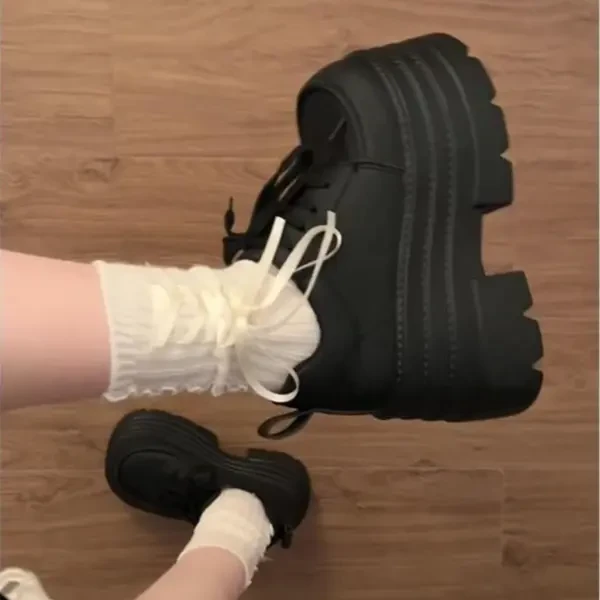 矮子乐2025春季新款系带百搭英伦风松糕单鞋厚底增高10CM小皮鞋女