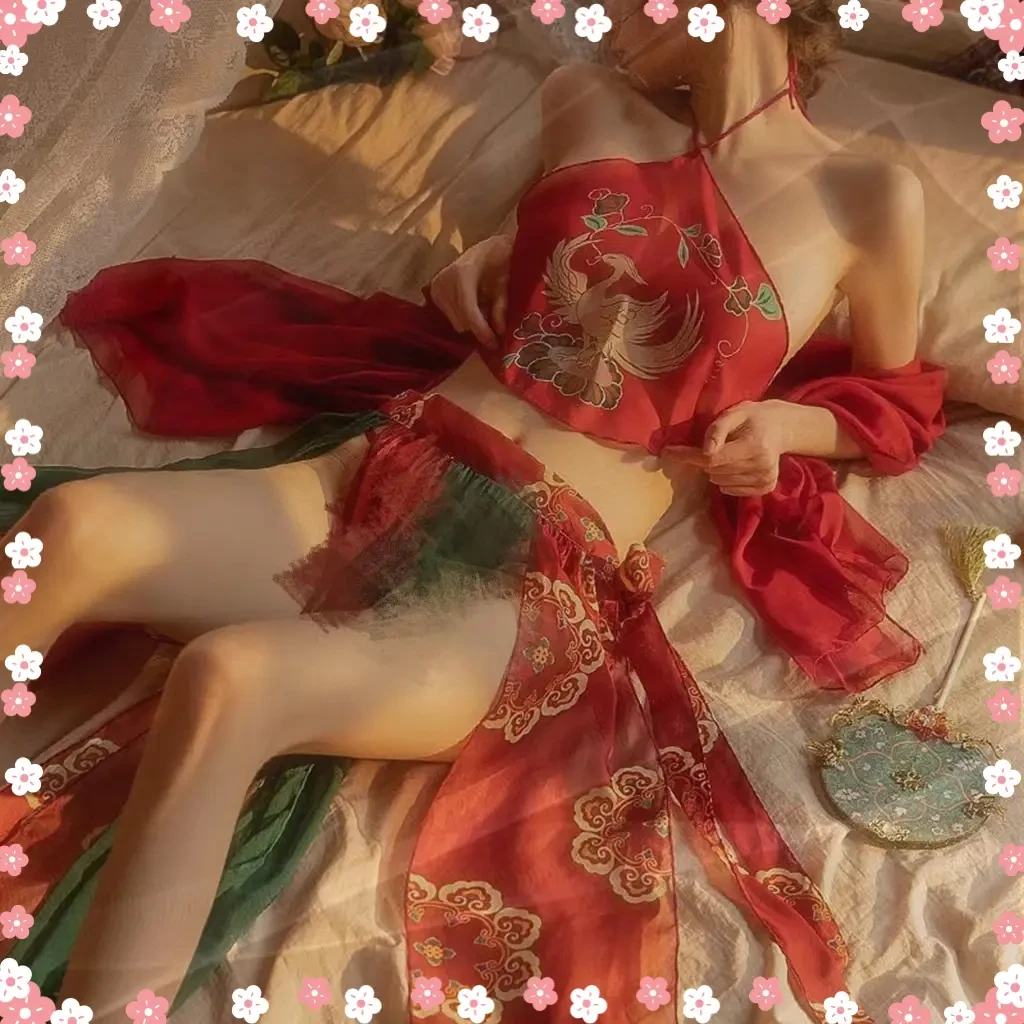 新款古风汉服情调性感美背红色套装调情睡衣女轻奢蕾丝长款和风ol