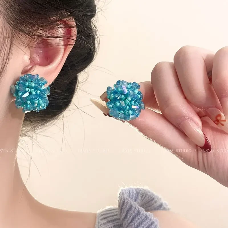 合金耳饰 蓝色清冷感耳环女春天手工串珠高级轻奢小众耳夹无耳洞