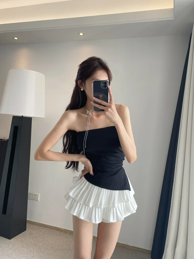 甜酷妹不规则开叉抹胸背心上衣女辣妹夏季高腰A字裙半身蛋糕裙