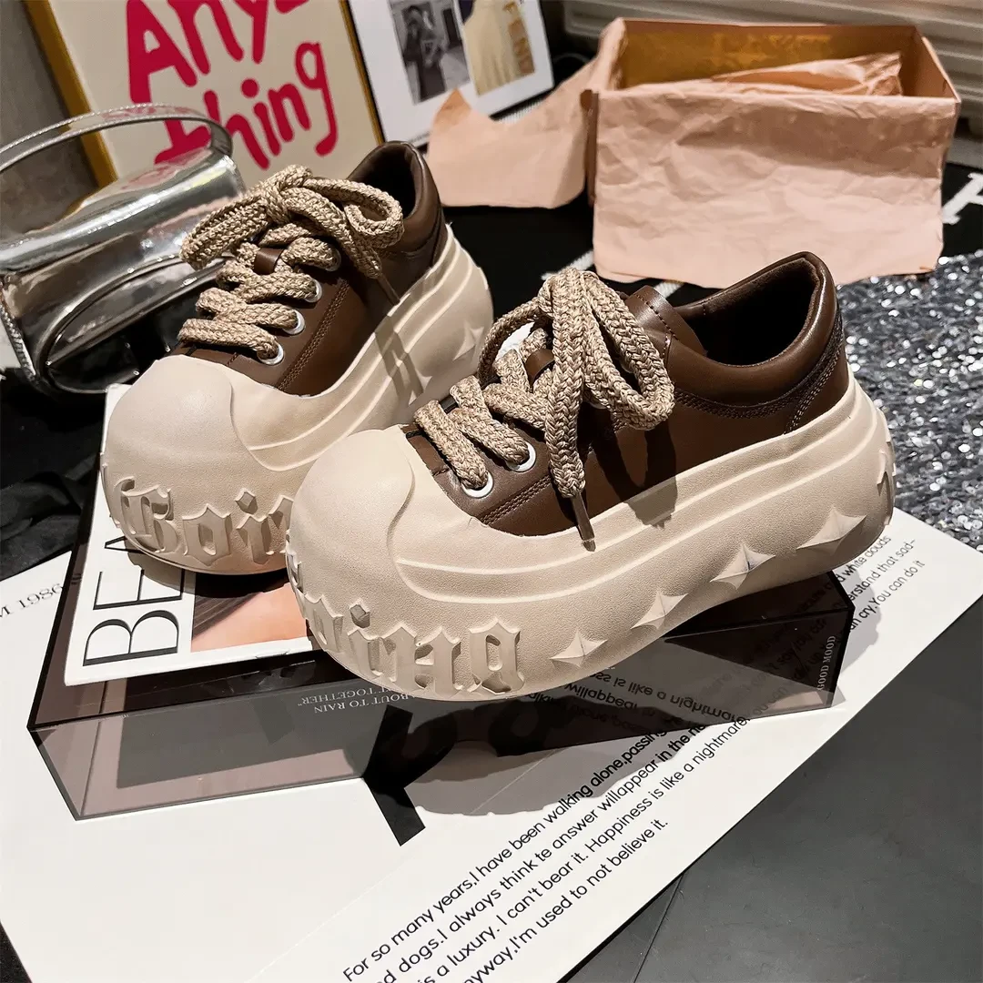 2025新款真皮大系带厚底松糕小个子6cm面包鞋溶解鞋休闲鞋女鞋