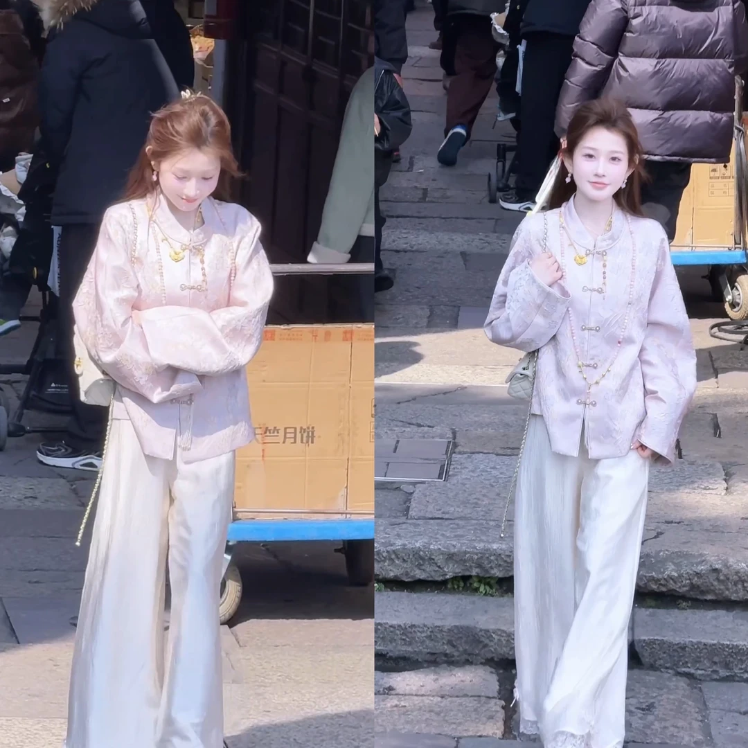 《紫霞仙》新款女装繁花似锦显白浮雕新中式外套蕾丝拼接垂感阔腿裤