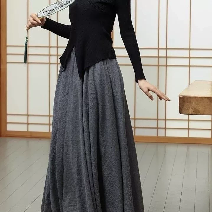 新中式双层女夏季禅意风女装长裙大摆高腰显瘦飘飘裙子v棉麻