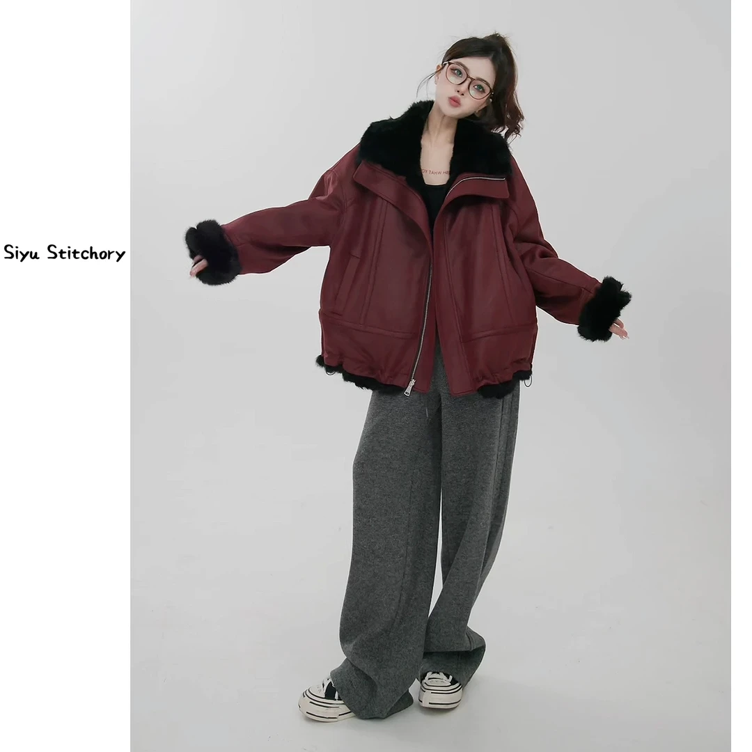 两面穿毛毛短款皮毛一体外套冬季保暖三色美式宽松休闲上衣女