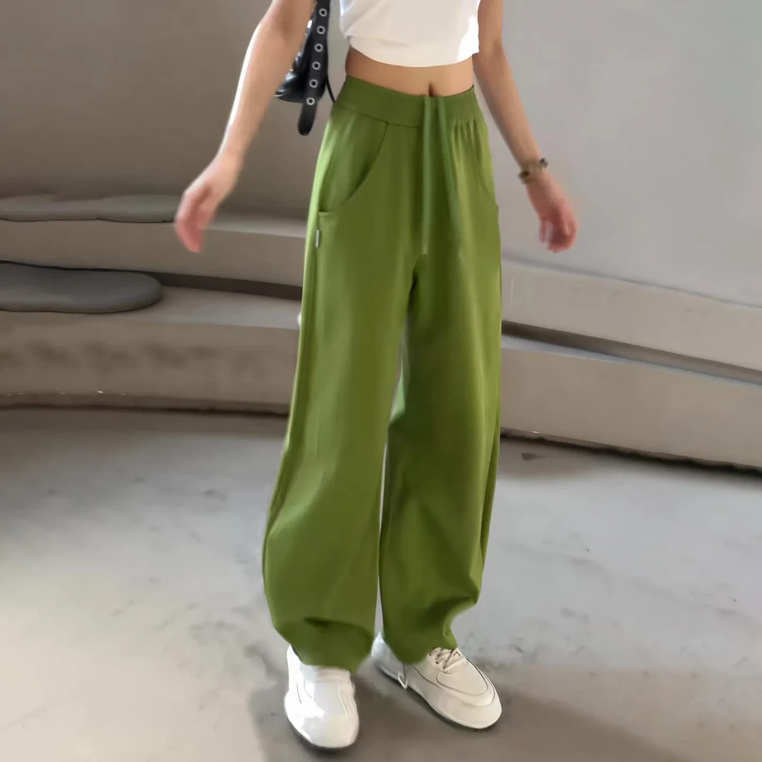 韩系洋派牛油果绿休闲 裤女2025秋季新款宽松显瘦减龄通勤风阔腿