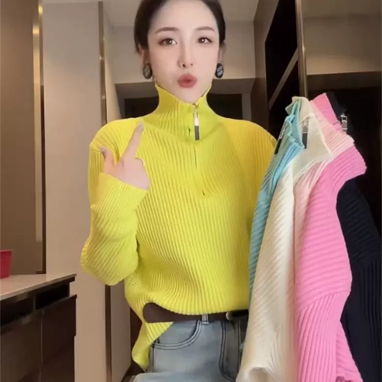 2025年秋冬糖果色拉链半开领针织衫女洋气休闲内搭显瘦打底衫上衣
