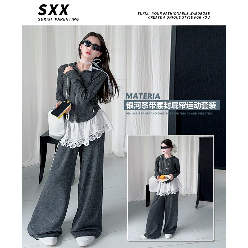 【LUCY定制】女童2025春秋连帽卫衣裙帘休闲裤套装亲子潮